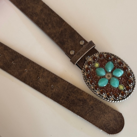 Vintage Brown Belt with Turquoise and Brown Embellished Buckle - Picture 3 of 3